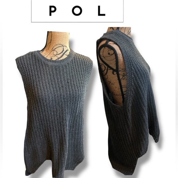 POL Tops - POL Slate Grey Open Knit Scoop Neck Sleeveless Hi-Lo  Sweater Size Large